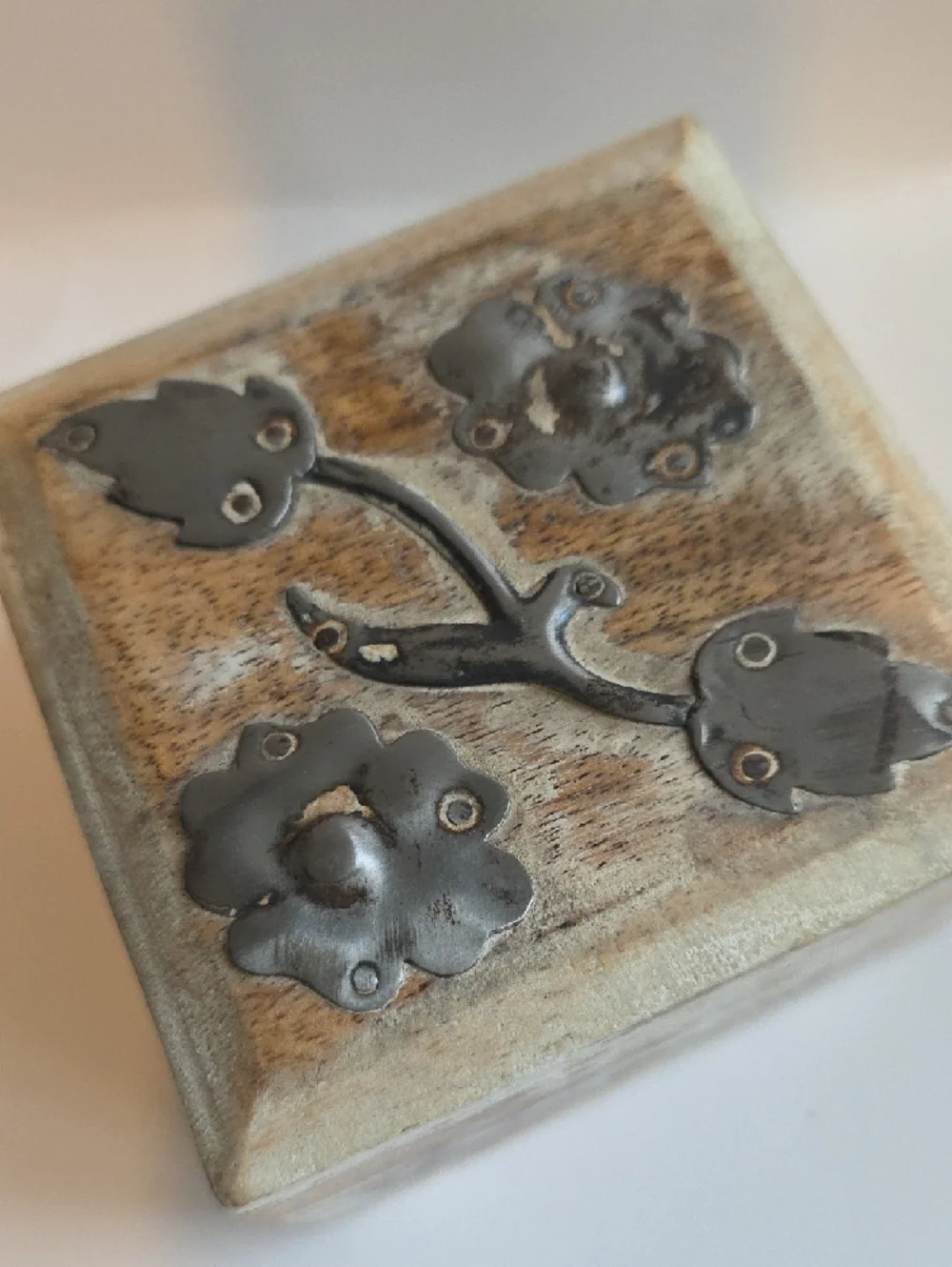 Distressed Whitewashed Wood Jewelry Box with Metal Floral Accents